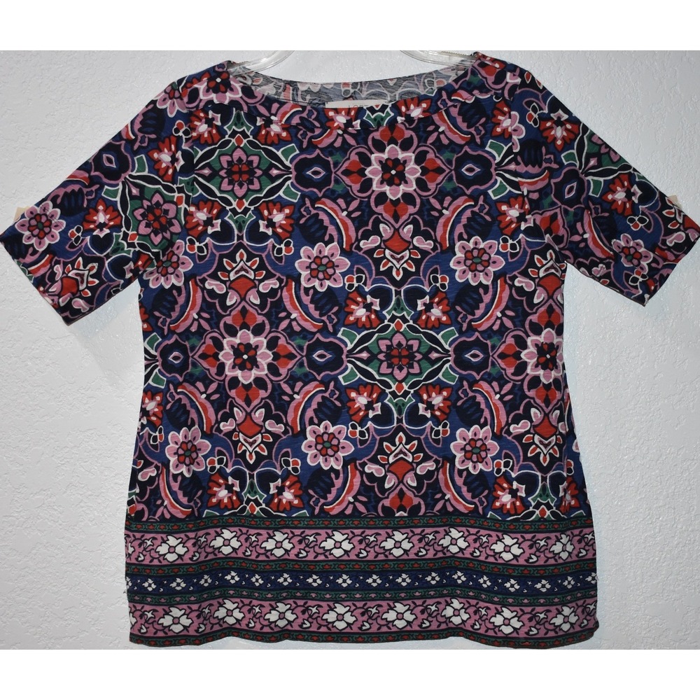 Ann Taylor LOFT Womens Medium Blue Pink Floral Medallion Cotton Boat Neck Top
